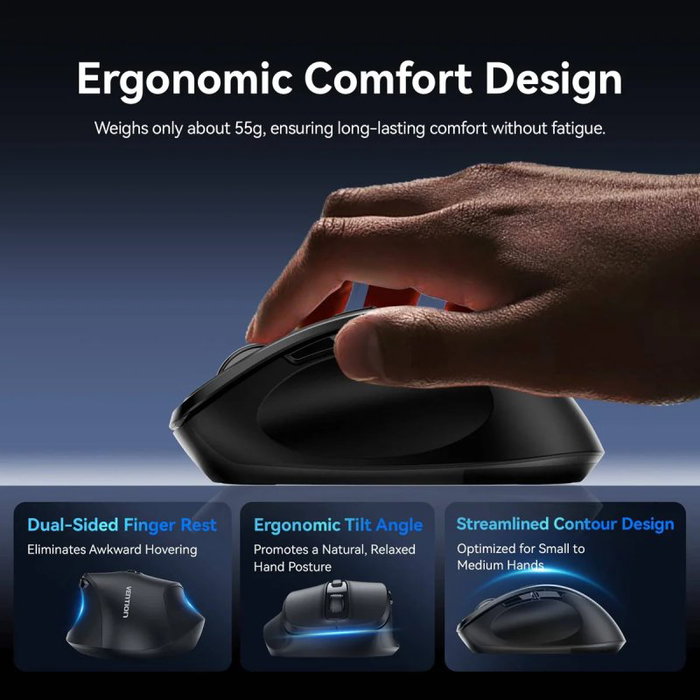 Vention KTHB0-ST Ratón Ergonómico Inalámbrico Silencioso Negro